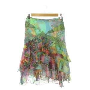 スカート フレア ヘム ミモレ ロング 切替 レース シルク 絹 総柄 38 緑 グリーン /MN9 GY60