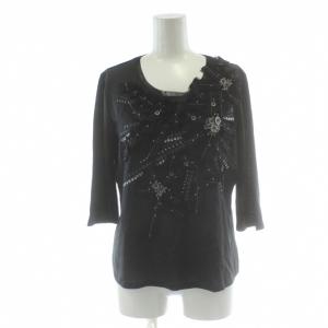 カットソー 麻 リネン 40 黒 ブラック ラウンドネック 七分袖 スパンコール装飾 /PP GY60