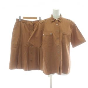 スカート シャツ セットアップ 茶 ブラウン 半袖 ボタンフロント 膝丈 フレアシルエット /PP GY60