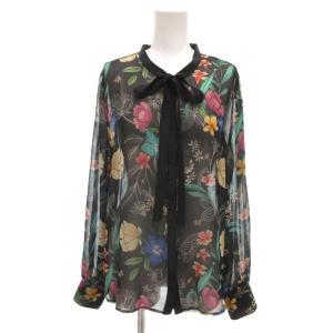 美品 ブラウス 長袖 ボウタイリボン 花柄 2 黒 ブラック /NL GY59