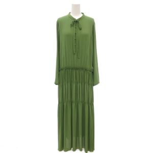 美品 ワンピース ロング丈  緑 グリーン 長袖 S ティアードネックフリル /NL GY59