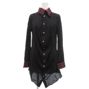 美品 ロングシャツ ダブルカラー ドレープ 切替 F 黒 ブラック ピンク 長袖 チェック柄 /YJ GY59