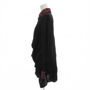 ALGONQUINS 美品 ロングシャツ ダブルカラー ドレープ 切替 F 黒 ブラック ピンク 長袖 チェック柄 /YJ GY59