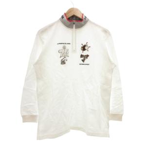 ポロシャツ 3 長袖 ハーフジップ 刺繍 白 ホワイト /NU GY59