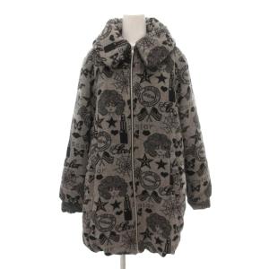 美品 中綿コート フルジップ ミドルハーフ丈 総柄 ウール M グレー /NL GY59
