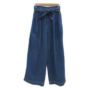 タックワイドパンツ デニムパンツ 32 XS 青 ブルー リボンベルト付き ロング丈 /YS26 GY58