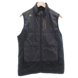 美品 中綿ベスト ゴルフ ウエア ジャケット  L グレー 黒 ブラック ロゴ総柄 クルーネック ノースリーブ
