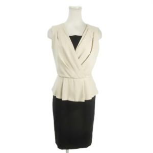 ドッキングワンピース 36 ベージュ 黒 ブラック Vネック ノースリーブ ペプラム インナー付き /AO15