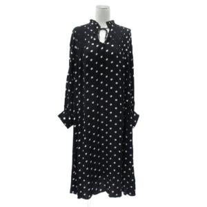 ワンピース F 黒 ブラック オフホワイト ドット柄 スリットネック 長袖 ロング丈 /HO42 GY58