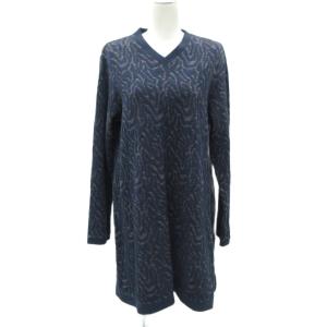 ワンピース ひざ丈 紺 ネイビー Vネック 長袖 総柄 /SM60 GY58