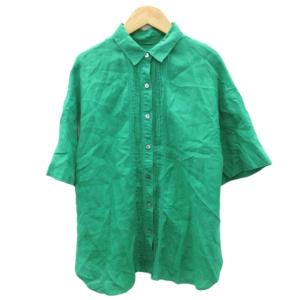 シャツ ブラウス 半袖 麻 リネン 38 M グリーン プリーツ前立て /SY50 GY58