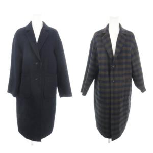 リバーシブル コート ウール M 紺 ネイビー 茶 ブラウン 長袖 テーラードカラー チェック柄 /MN30