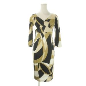 ワンピース 36 黒 ブラック 茶 ブラウン 幾何学模様 Vネック 七分袖 /CK31 GY58