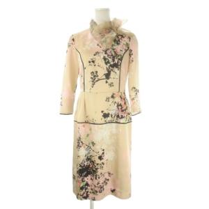 ワンピース 38 ピンクベージュ サテン リボン 花柄 ハイネック 七分袖 1549-11111 /CK10