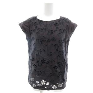 美品 ブラウス 麻 リネン EYELET 紺 ネイビー 花柄 カットワーク ラウンドネック 半袖 /SJ