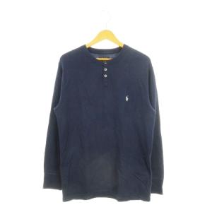 長袖Tシャツ ワッフル生地 M 紺 ネイビー 長袖 ヘンリーネック ロゴ刺繍 /AH13 GY61