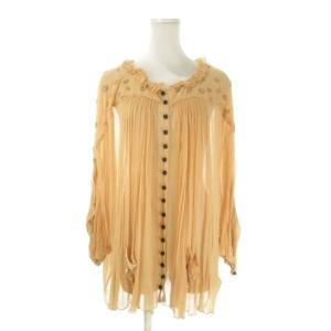 ブラウス 絹 シルク 2 コーラルオレンジ 七分袖 ドルマン フリルネック ハート柄 /AO27 GY61