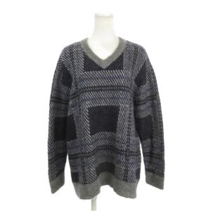セーター ウール モヘヤ混 46 紺 ネイビー グレー チェック柄 Vネック 長袖 /AH23 GY61