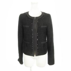 ツイードジャケット 2 黒 ブラック ノーカラー 長袖 スパンコール装飾 /MN30 GY61