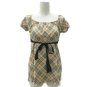 カットソー 半袖 38 M ベージュ チェック柄 リボン /SY18 GY61
