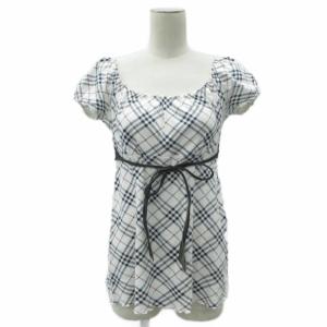カットソー 半袖 38 M 白 チェック柄 ラウンドネック リボン /SY20 GY61