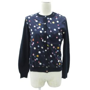 アンサンブルニット カーディガン ミドル丈 カットソー ノースリーブ M 紺 ボタン柄 総柄 ラウンドネック