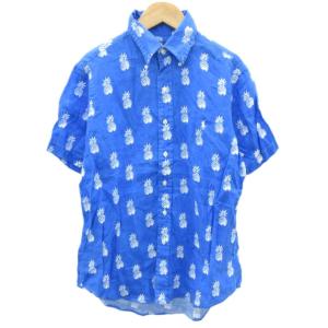 カジュアルシャツ 半袖 麻 リネン S 青 パイナップル柄 総柄 ボタンダウン /SY49 GY61