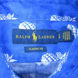 RALPH LAUREN カジュアルシャツ 半袖 麻 リネン S 青 パイナップル柄 総柄 ボタンダウン /SY49 GY61