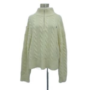 ニット セーター カシミヤ混  XL オフホワイト ケーブルニット ハーフジップ 長袖 ロゴ刺繍 /HO10