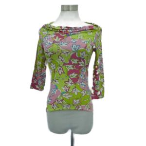 カットソー XS 黄緑 ライトグリーン 花柄 ドレープネック 七分袖 /HO15 GY61