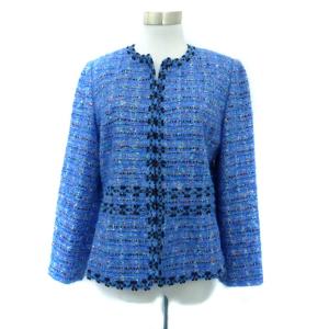 ノーカラージャケット ミドル丈 11 L マルチカラー 青 ブルー ツイード /HO18 GY61