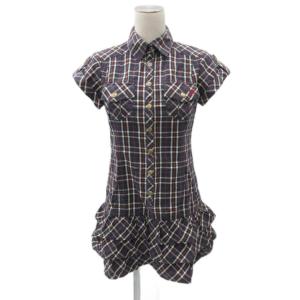 シャツワンピース 36 S 紺 ネイビー チェック柄 半袖 ティアード ミニ丈 /YS26 GY61
