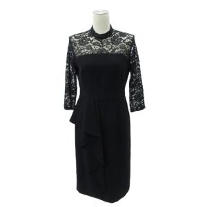フォーマル ペプラムドレープドレス ワンピース ひざ丈 36 S 黒 ブラック レース 七分袖 スタンドカラー