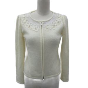 ニットカーディガン ミドル丈 34 XS 小さいサイズ アイボリー フェイクパール レース 花モチーフ