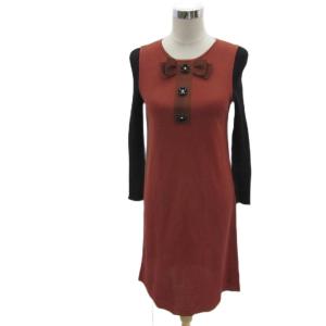 ニットワンピース 38 M コーラルピンク 長袖 ラウンドネック リボン ひざ丈 TZ-918520 /YS48