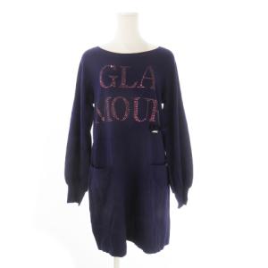 ニットワンピース ウール 40 紫 パープル 長袖 ラインストーン ボートネック /CK23 GY58