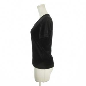 courreges ベロアカットソー パイル ストレッチ 9R 黒 ブラック 半袖 ラウンドネック ロゴ刺繍 /AH28 GY58