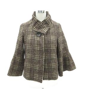 スタンドカラーコート ショート丈 11 茶 グレンチェック柄 フレアスリーブ 七分袖 RBJAV-30390