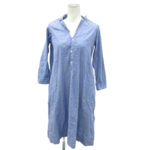 YUKI COTTON シャツワンピース ひざ丈 2 M ブルー オープンカラー 七分袖 プルオーバー