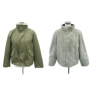 ブルゾンジャケット フェイクファージャケット リバーシブル ミドル丈 36 S カーキ ライトグレー スタンドカラー