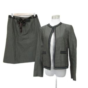 セットアップ 上下 ノーカラージャケット ミドル丈 フレアスカート ミモレ丈 13 大きいサイズ カーキ