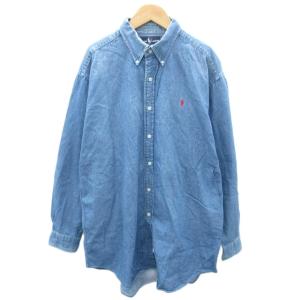 カジュアルシャツ L 青 ブルー 長袖 ボタンダウン ロゴ刺繍 /HO34 GY61