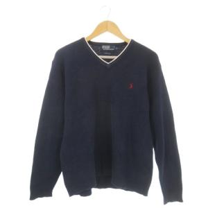 コットンセーター Vネック 長袖 ポニーロゴ刺繍 ライン LL 紺 ネイビー /CK16 GY61