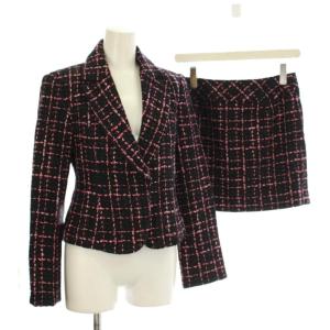 セットアップ  上下 ジャケット 上着 ウール 38  スカート ミニ丈 黒 ブラック ピンク チェック柄