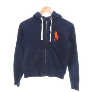 ジップアップパーカー フーディー ビッグポニー刺繍 M 紺 ネイビー オレンジ /YJ GY61