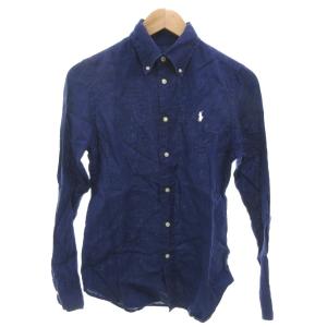 ボタンダウンシャツ 麻 リネン S 紺 ネイビー 長袖 ロゴ刺繍 /KR GY61