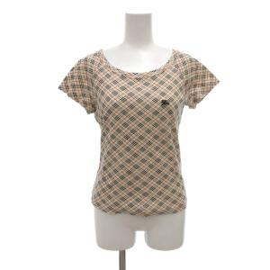 Tシャツ カットソー M ベージュ ノバチェック ラウンドネック 半袖 ロゴ刺繍 /NU GY61