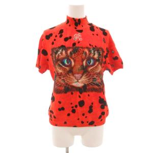 美品 半袖ニット 9 オレンジ色 猫の顔プリント アニマル柄 半袖 /SJ GY61