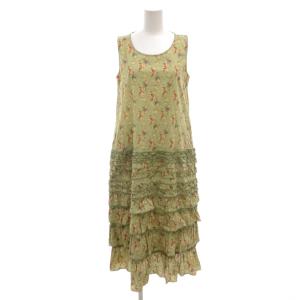 美品 ワンピース 黄緑色 ライトグリーン ノースリーブ 花柄 ロング丈 フリル /SJ GY61