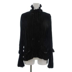 ジャケット 9 黒 ブラック ストライプ柄 フリルネック 長袖 ギャザー シルク混 /NU GY61